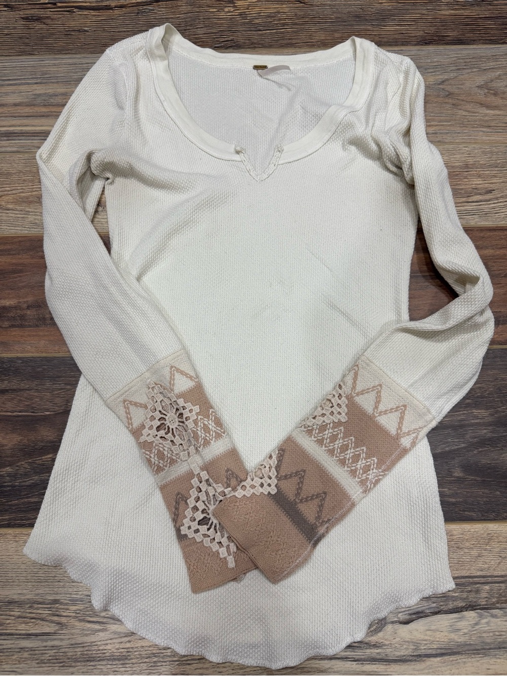 Free People Cream Kombucha Cuff Thermal Top with Tan Patterned Cuffs